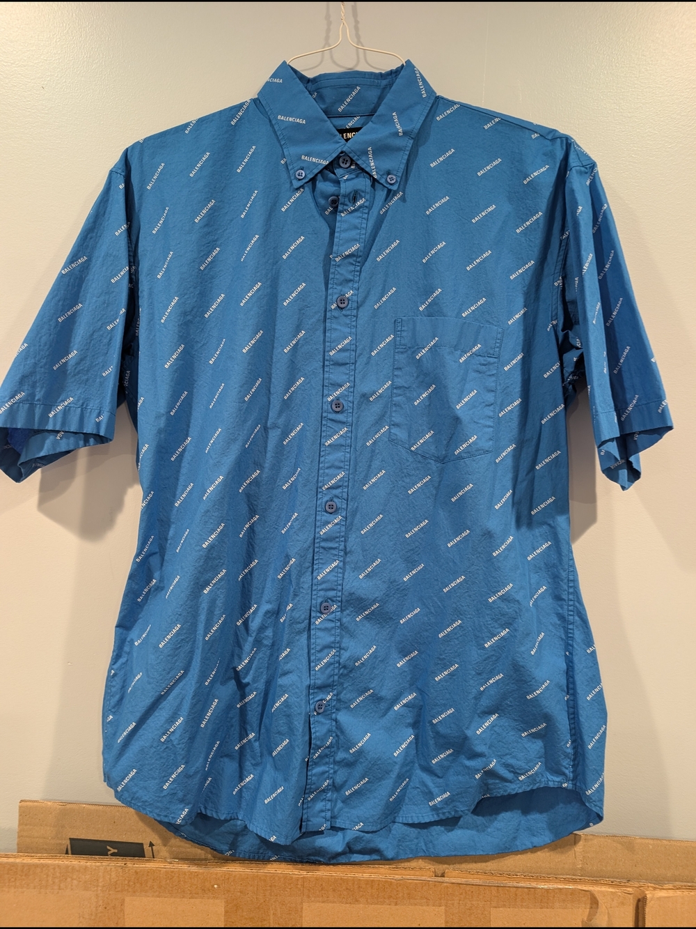 Balenciaga Blue Short Sleeve Button-Down Shirt with Allover Logo Print